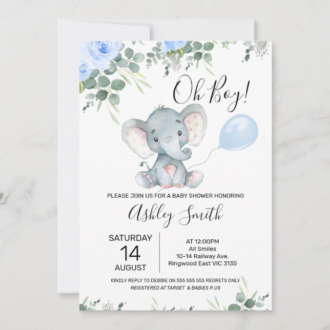 Invitation Baby shower d'éléphant bleu floral Eucalyptus (Devant)