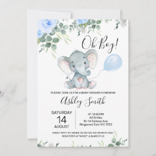 Invitation Baby shower d'éléphant bleu floral Eucalyptus