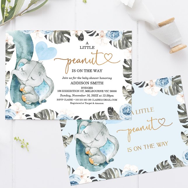 Invitation Baby shower d'éléphant bleu Floral Petit Arachide (Sweet little peanut boy's baby shower invitation featuring an elephant trunk and baby elephant.)