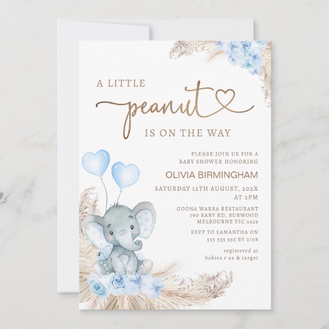 Invitation Baby shower d'éléphant d'arachide florale Boho ble (Devant)