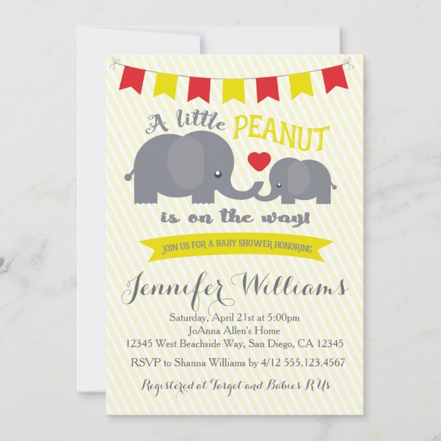Invitation Baby shower d'éléphant d'arachide jaune (Devant)