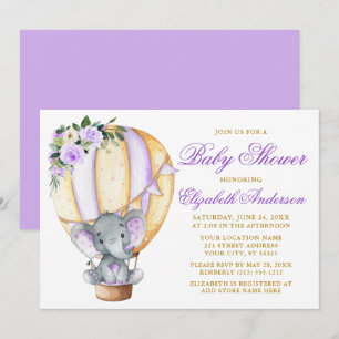 Invitation Baby shower d'éléphant de ballons floraux violet