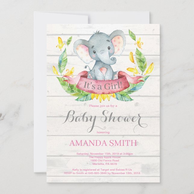 Invitation Baby shower d'éléphant de fille rustiqu (Devant)