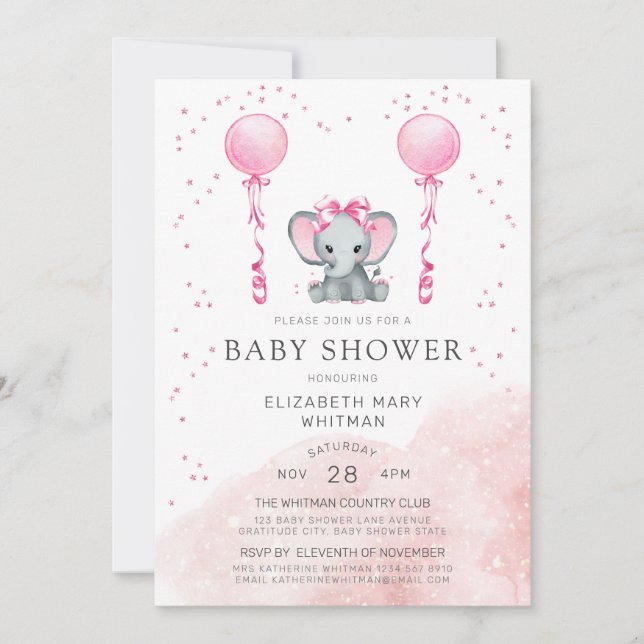 Invitation Baby shower d'éléphant de la poussière d'eau rose (Devant)