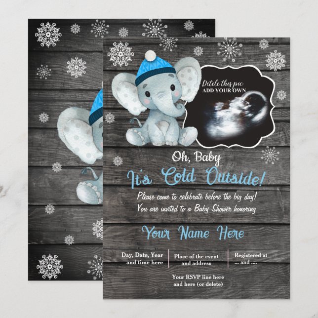 Invitation Baby shower d'éléphant d'hiver Ultrasou (Devant / Derrière)