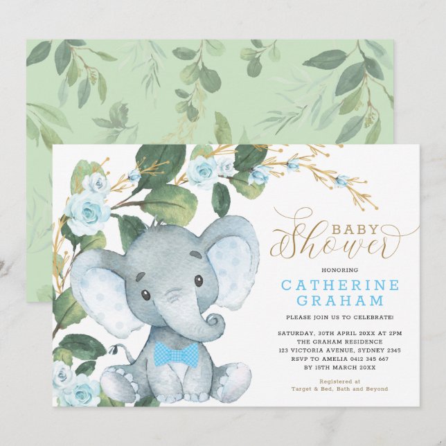 Invitation Baby shower d'éléphant d'or à la flore bleue (Devant / Derrière)
