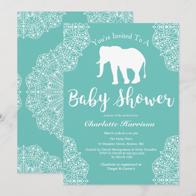 Invitation Baby shower d'éléphant élégant de Bohême Mandalas (Devant / Derrière)