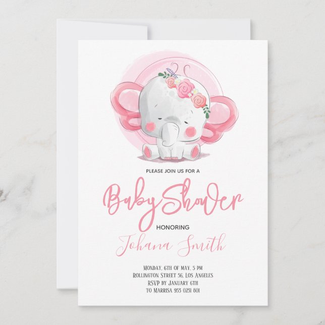Invitation Baby shower d'éléphant fille (Devant)