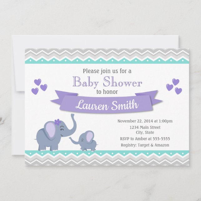 Invitation Baby shower d'éléphant Fille Purple Tur (Devant)