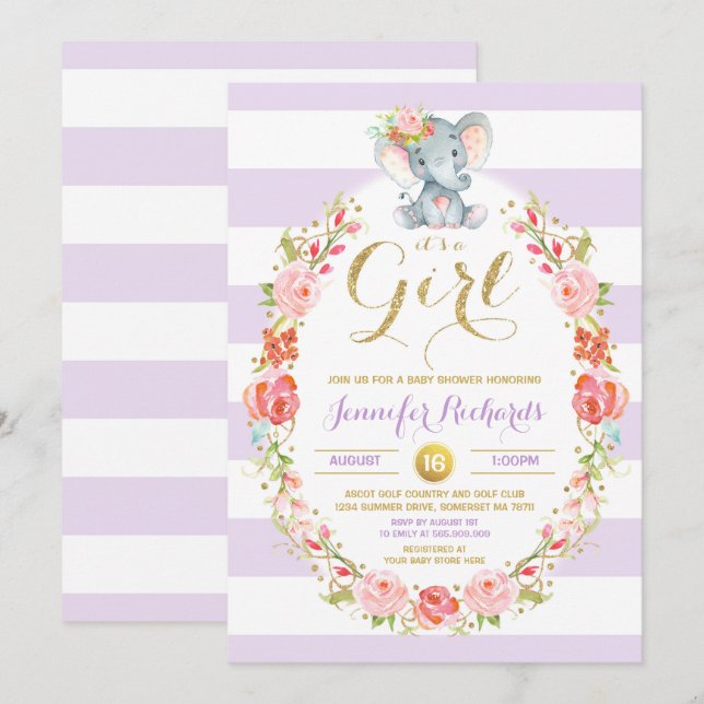 Invitation Baby shower d'éléphant Floral Boho Show (Devant / Derrière)