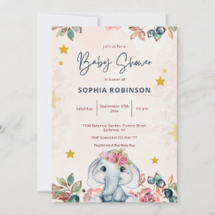 Invitation Baby shower d'éléphant floral mignon