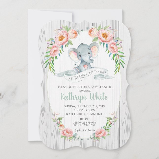 Invitation Baby shower d'éléphant floral Neutre (Devant)