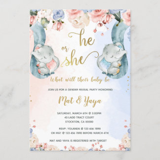 Invitation Baby shower d'éléphant floral pour le genre