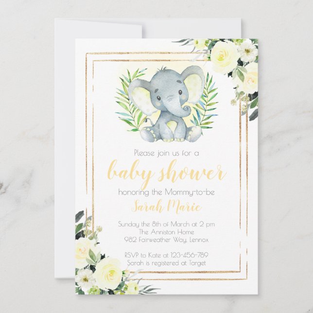 Invitation Baby shower d'éléphant jaune (Devant)