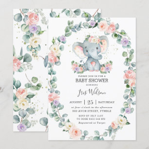 Invitation Baby shower d'éléphant Lilac floral
