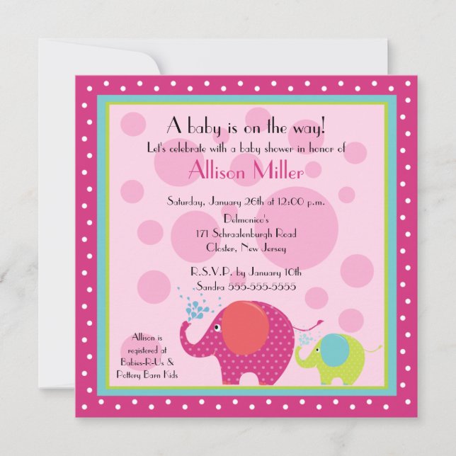 Invitation Baby shower d'éléphant lumineux et amusant (Devant)