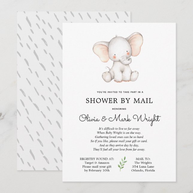Invitation Baby shower d'éléphant par courrier (Devant / Derrière)