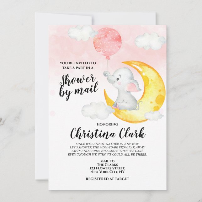 Invitation Baby shower d'éléphant par courrier Baby Girl rose (Devant)