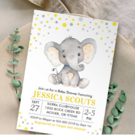 Invitation Baby shower d'éléphant Polka Neutre gris Jaune