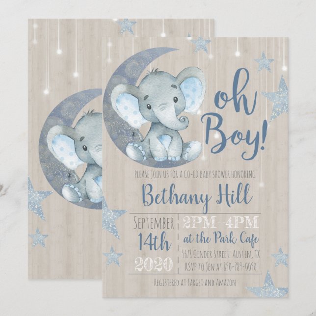 Invitation Baby shower d'éléphant pour bébés (Devant / Derrière)