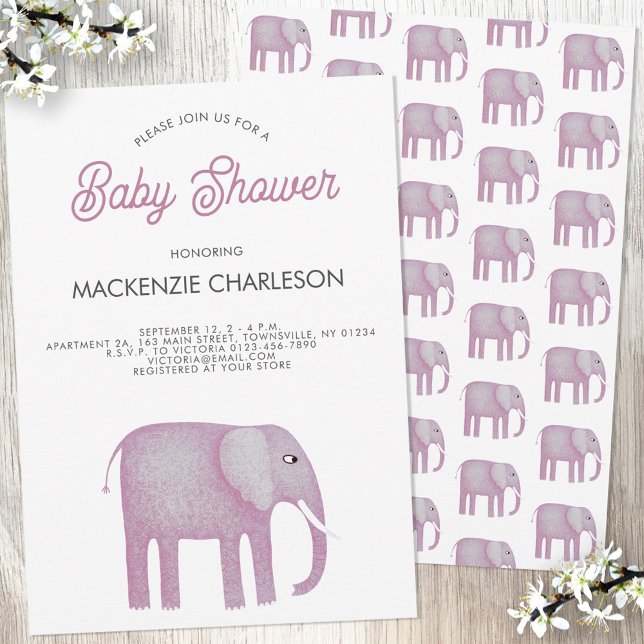 Invitation Baby shower d'éléphant rose (Pink watercolor elephant baby girl shower invitation)