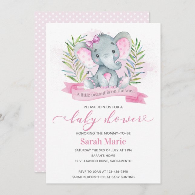 Invitation Baby shower d'éléphant rose (Devant / Derrière)