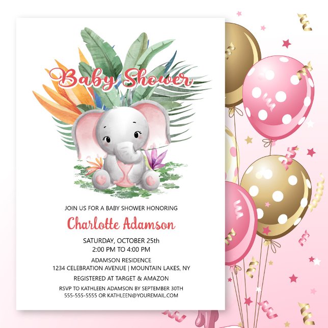 Invitation Baby shower d'éléphant rose de la Jungle tropicale (Créateur téléchargé)