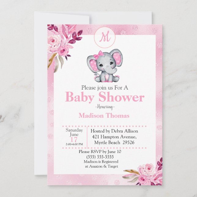 Invitation Baby shower d'éléphant rose de monogramme floral (Devant)