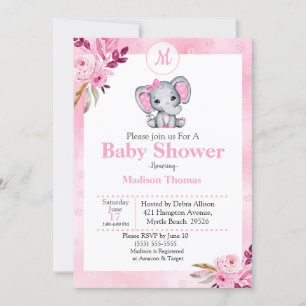 Invitation Baby shower d'éléphant rose de monogramme floral