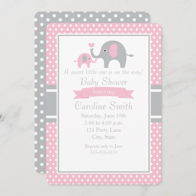 Invitation Baby shower d'éléphant rose et gris (Devant / Derrière)