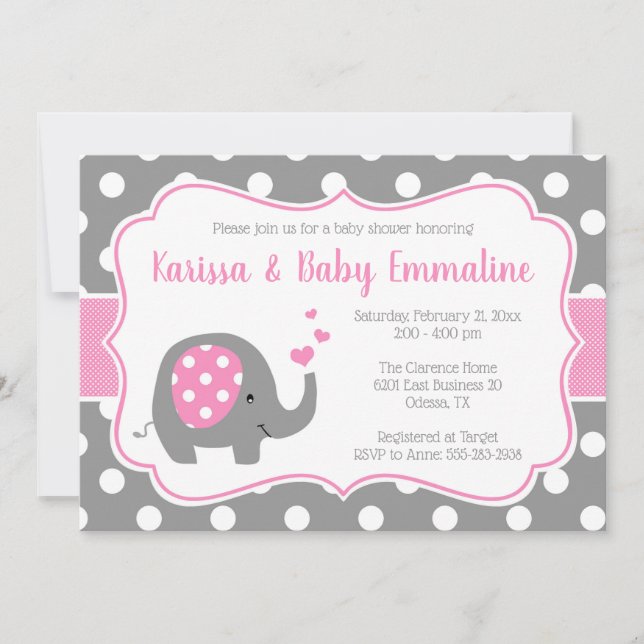 Invitation Baby shower d'éléphant rose et gris Polka (Devant)