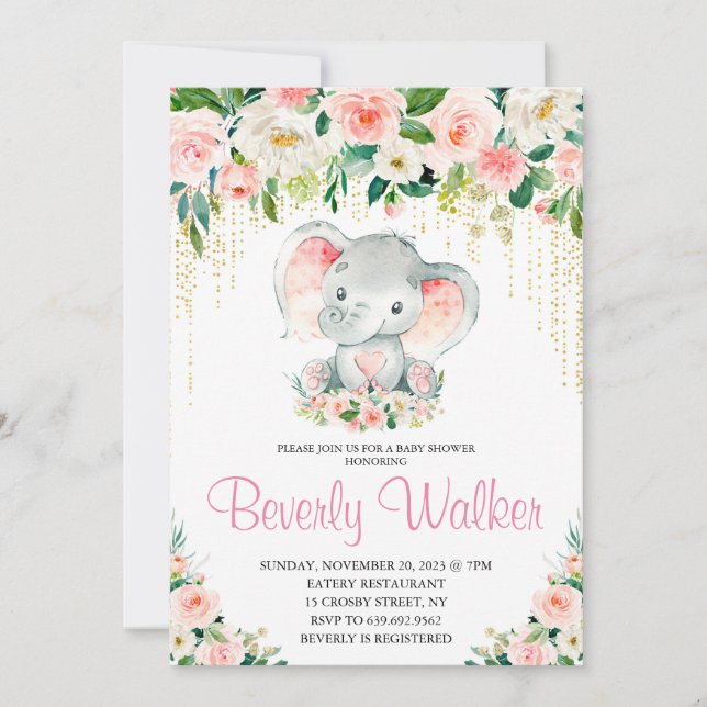 Invitation Baby shower d'éléphant rose pâle rose (Devant)