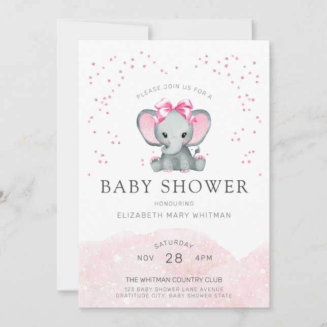 Invitation Baby shower d'éléphant rose pour bébé aquarelle (Devant)