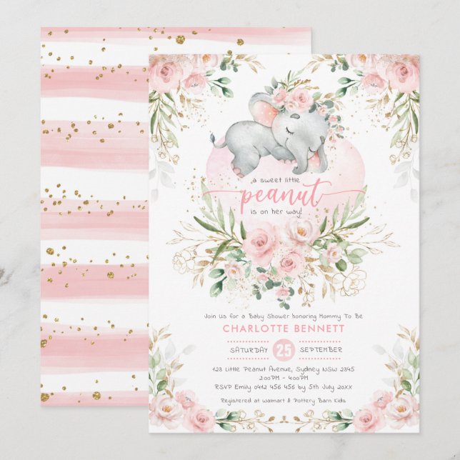 Invitation Baby shower d'éléphant rose rose pâle (Devant / Derrière)