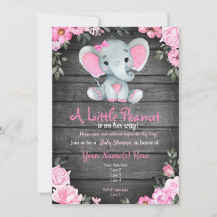Invitation Baby shower d'éléphant rose, rustique