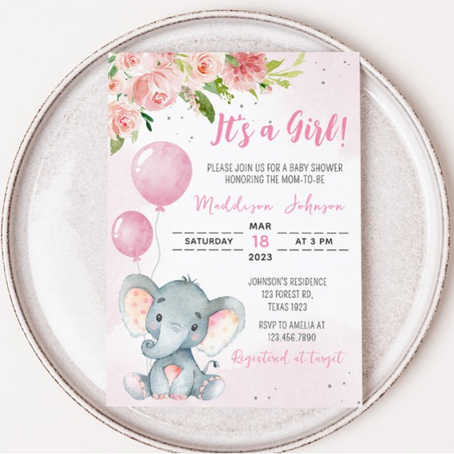 Invitation Baby shower d'éléphant rose vif (Pink Floral Baby Elephant Baby Shower Invitation)