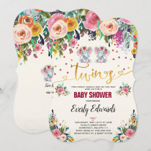 Invitation Baby shower d'éléphant Twin Girl