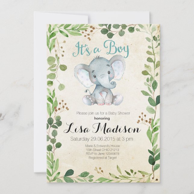 Invitation Baby shower d'éléphant vert (Devant)