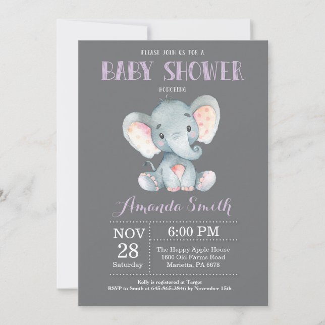 Invitation Baby shower d'éléphant violet et gris (Devant)