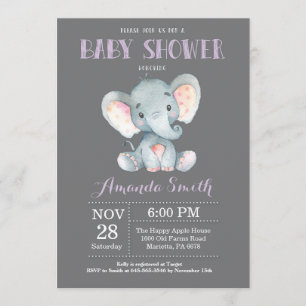 Invitation Baby shower d'éléphant violet et gris