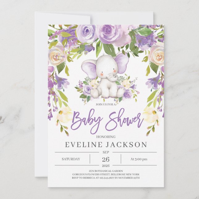 Invitation Baby shower d'éléphant violet rustique (Devant)