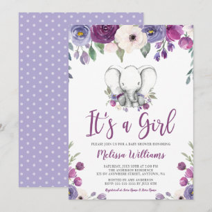 Invitation Baby shower d'éléphante florale de couleur pourpre