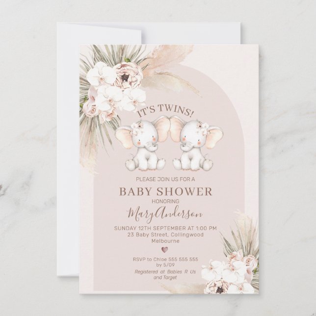 Invitation Baby shower d'éléphants à deux arches florales ros (Devant)