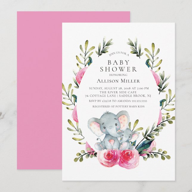 Invitation Baby shower d'éléphants floraux (Devant / Derrière)