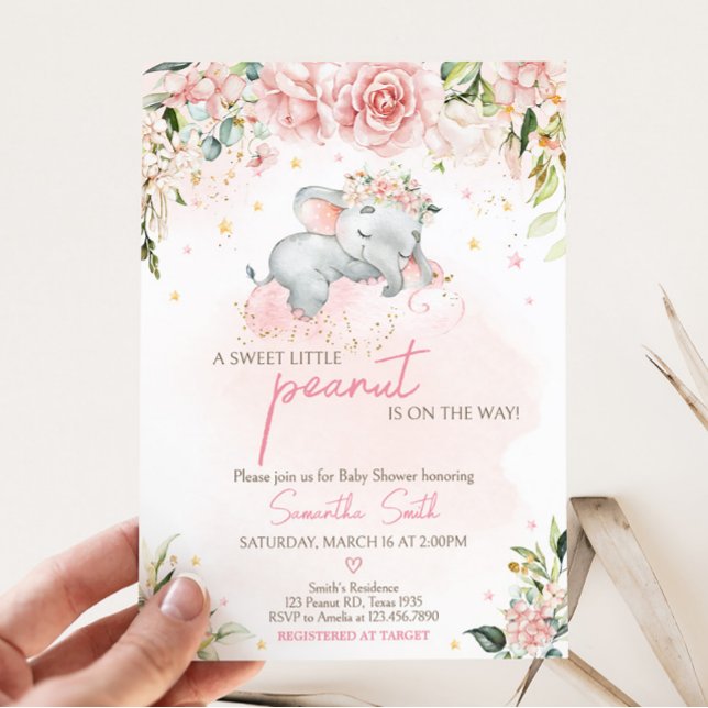 Invitation Baby shower d'éléphants floraux rose (Pink Floral Sleeping Elephant Baby Shower Invitation)