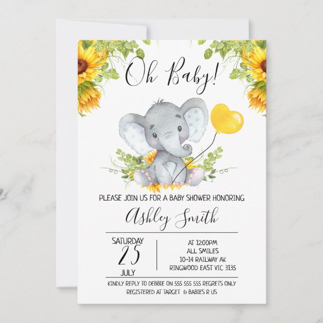Invitation Baby shower d'éléphants neutres selon le sexe des  (Devant)