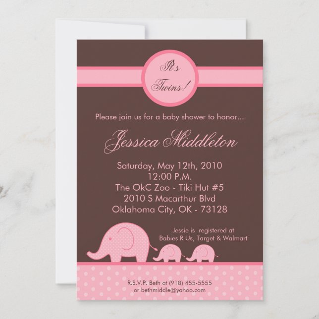 Invitation Baby shower d'éléphants pour les Twins  (Devant)