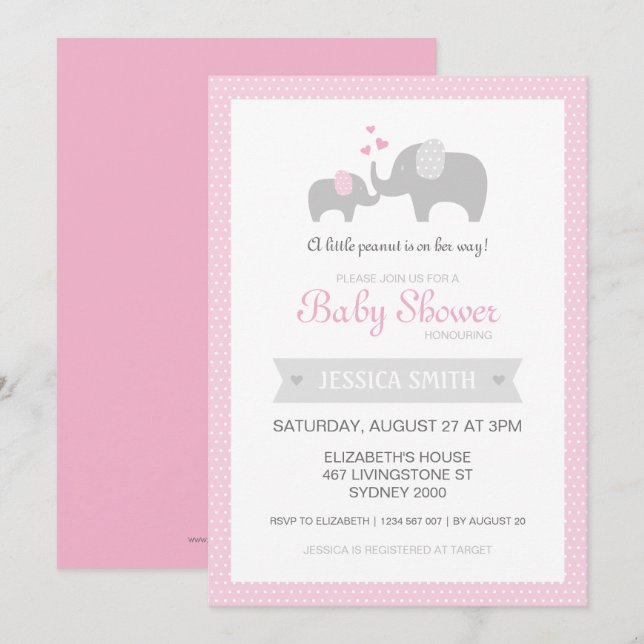 Invitation Baby shower d'éléphants - rose (Devant / Derrière)