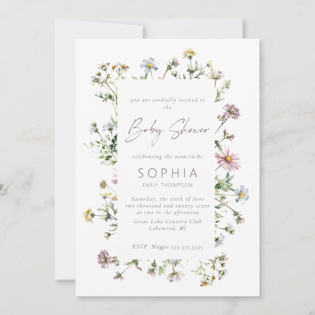 Invitation Baby shower délicat fleur sauvage de prairie (Devant)