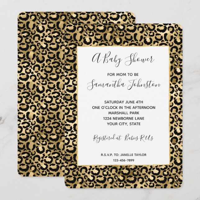 Invitation Baby shower d'Empreinte de léopard en or noir (Devant / Derrière)